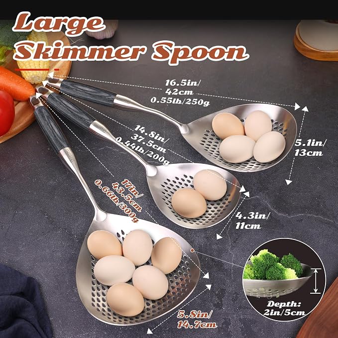 MARTE Skimmer Slotted Spoon -17in 304 Stainless Steel Pasta Spider Strainer Skimmer Ladle Spoon for Cooking and Frying - Large Kitchen Metal Scoop Colander Strainer Spoon with Black Wooden Handle