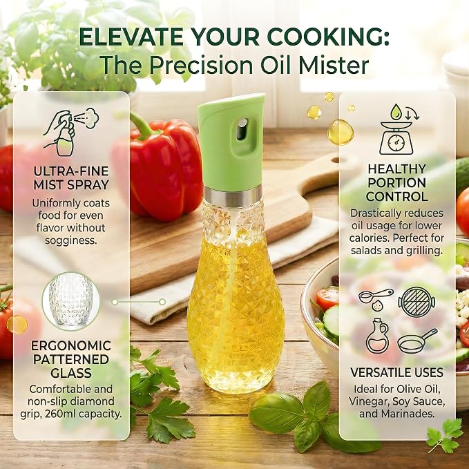 ELM & ASH Glass Olive Oil Sprayer for Cooking, 260ml Fine Mist Spray Bottle for Air Fryer, Salad, Vinegar & BBQ