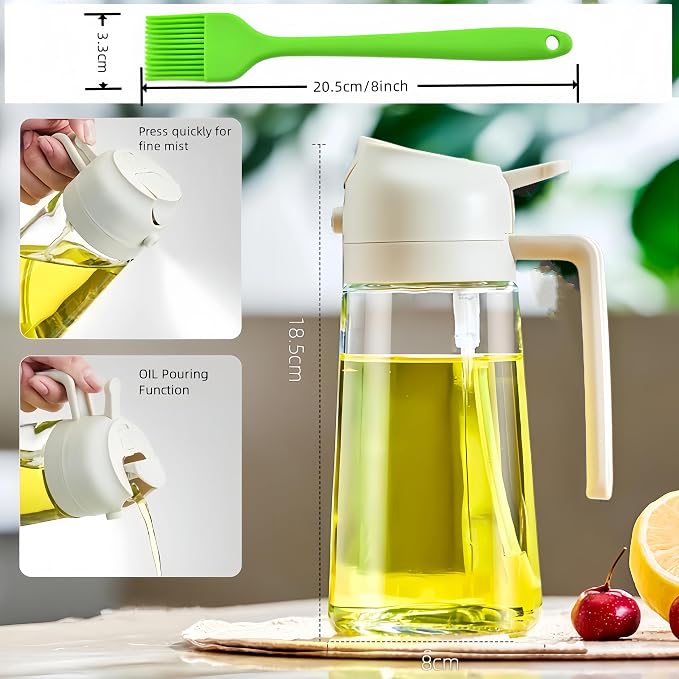 2 in 1 Olive Oil Dispenser With Brush and Sprayer - 16oz Kitchen Bottle (White)