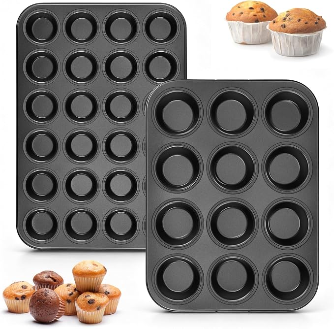 E-far Muffin Pan Set of 2, Regular 12-Cup & Mini 24-Cup Cupcake Pan | Nonstick Carbon Steel Muffin Tins for Easy Release, 2 Sizes for Baking Muffins & Cupcakes, Warp-Free & Even Baking, Oven Safe