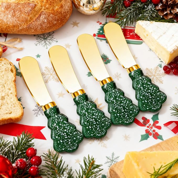 Christmas Tree Spreader Knife Set, Gold Stainless Steel Butter Knives, Holiday Serving Utensils for Cheese Jam, Gift for Home Bakers, 4-Piece