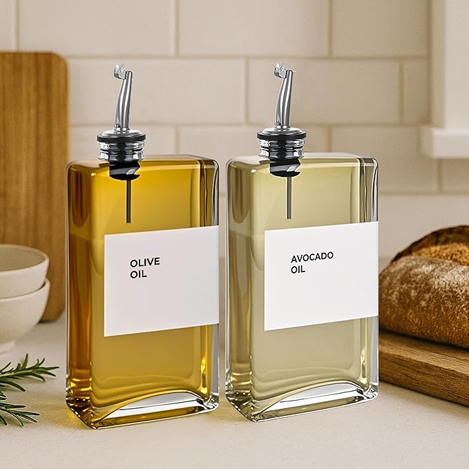 Glass Oil Dispenser for Kitchen, Olive Oil Dispenser Bottle, 4 Pack, Silver