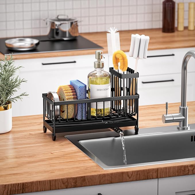 Cisily Sponge Holder for Kitchen Sink, Sink Organizer with Brush Holder | Kitchen Countertop Organizers and Storage Essentials, Rustproof 304 Stainless Steel (Black, 9.25″)