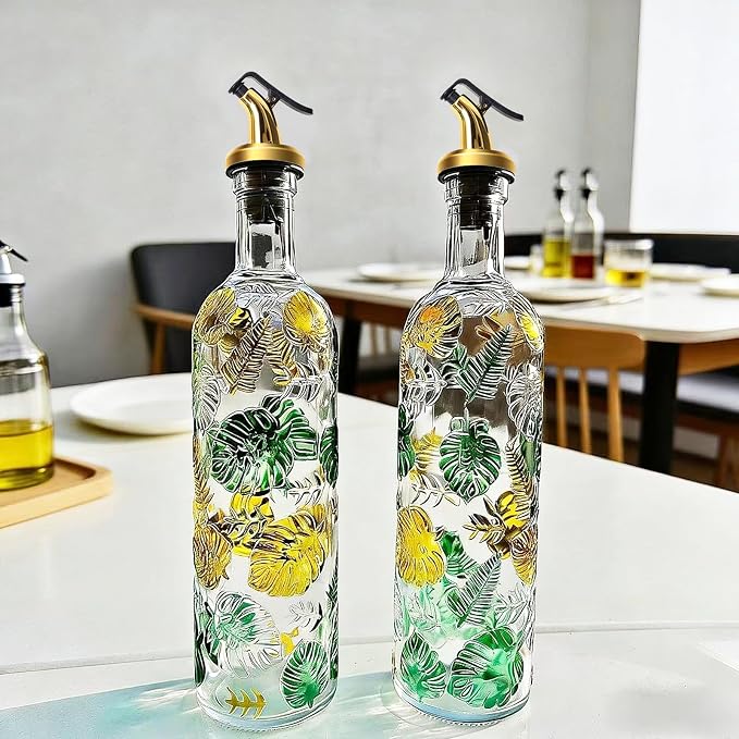1 Pcs Olive Oil Dispenser Bottle for Kitchen,17oz Clear Glass Cooking Oil and Vinegar Dispenser Set, Coffee Syrup Dispenser with 1 Pourers and 1 Funnel (One colorful circle)
