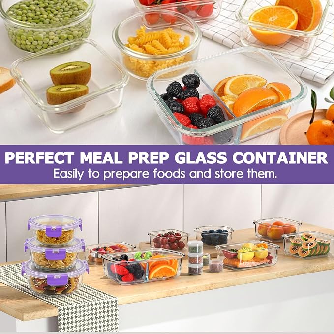 AMALEKO 42pcs Glass Food Storage Containers with Lids Set, 21 Containers & 21 Lids Glass Meal Prep Containers with Snap Locking Lid Set, Leak Proof Lunch Container BPA-Free,Purple