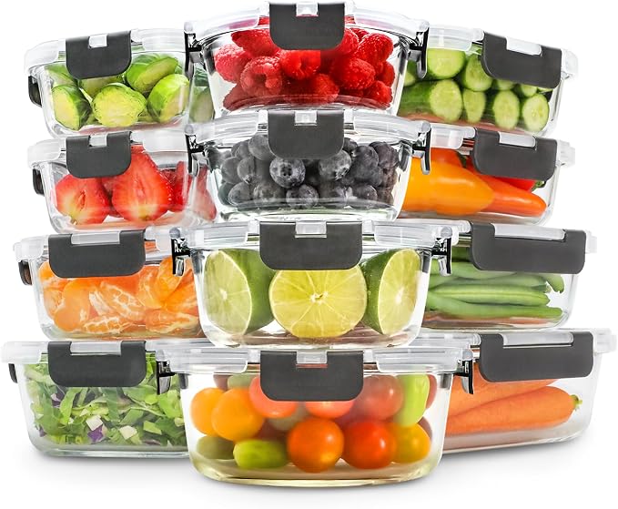 Freshware Glass Storage Containers with Lids, 24 Pieces, 12 Containers with 12 Lids, Glass Meal Prep Container for Lunch, Food Storage Containers, Leak Proof, Freezer Safe, Gray (Pack of 2)