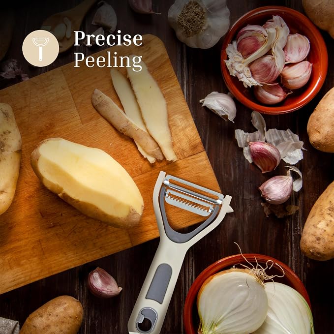 3 in 1 Vegetable Peeler – Julienne Slicer with Bottle Opener and Built-in Eye Remover – Stainless Steel Blade with Comfortable Handle – Potato, Cabbage, and Carrot Peeler for Kitchen – Cream & Grey