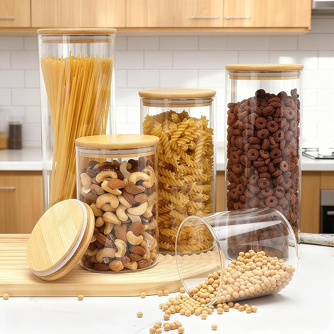 5 Pack Airtight Glass Jars with Bamboo Lids, Glass Food Storage Containers | Glass Canisters with Airtight Lids, Glass Storage Containers with Lids for Pasta, Cereal, Cookie, Coffee Beans, Nuts, Flour
