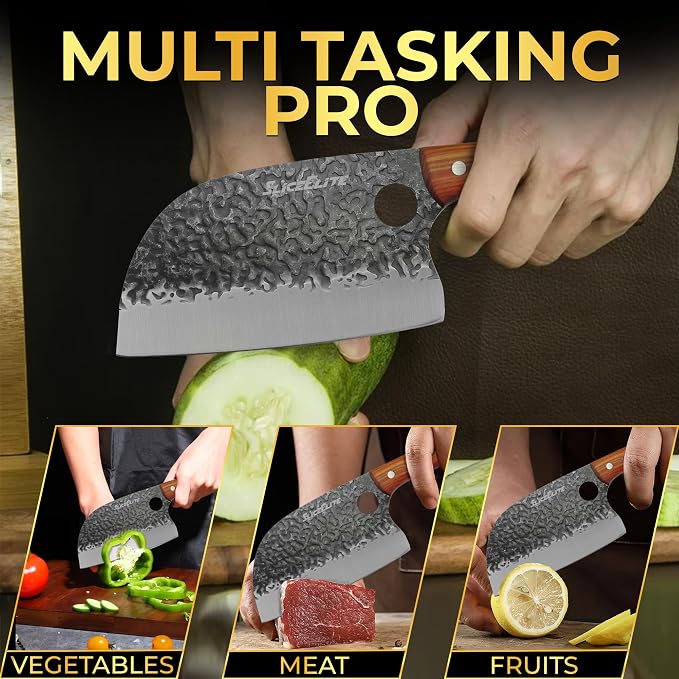 Serbian Chef Knife Vegetable Chopper Meat Cutting Kitchen Knife Food Prep | Hammered Pattern Forged Steel • Full Tang • Sandalwood Handle • Chopping • Slicing • Kitchen • BBQ • Grilling • Outdoor