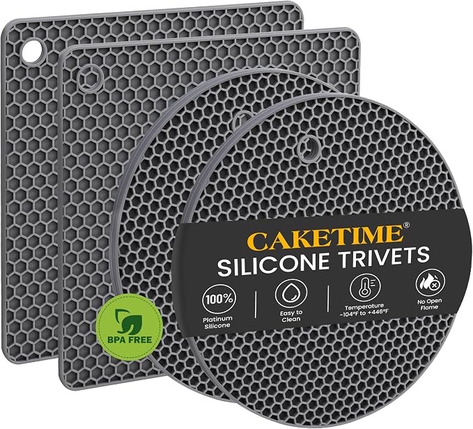 Trivets for Hot Dishes, Non-Slip Silicone Hot Pads for Kitchen Countertop Protector, BPA Free Heat Resistant Mat for Hot Pots and Pans 4-Pack Food Grade Silicone Grey