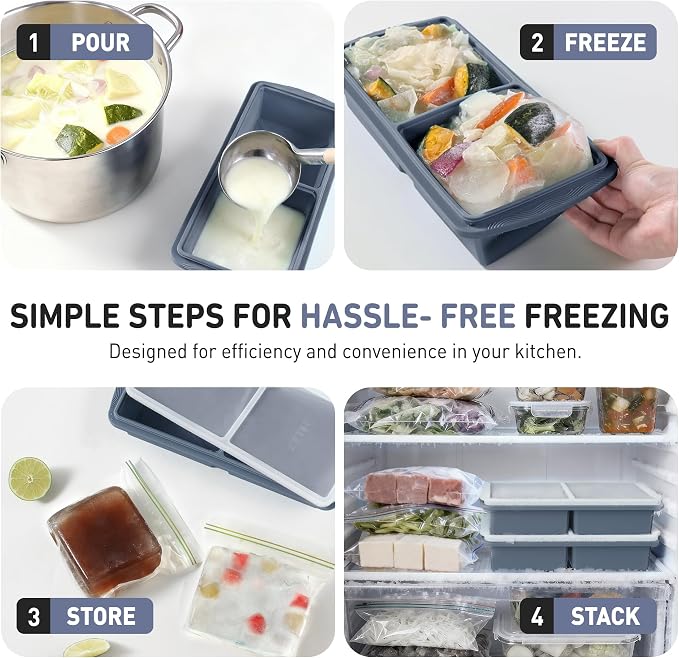 Silicone Freezer Tray with Lid Soup Freezer Container Molds with Steel Reinforced Rim Ice Cube Freezer Molds for Soup, Sauce, Leftovers, Homemade Meal Prep Containers Cooking Accessories
