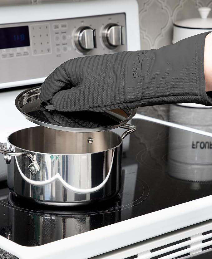 All-Clad Silicone Oven Mitts: Heat Resistant up to 500 Degrees - 100% Cotton & Silicone, 14"x7" Oven Mitt for Kitchen and Barbeque, 2-Pack, Pewter