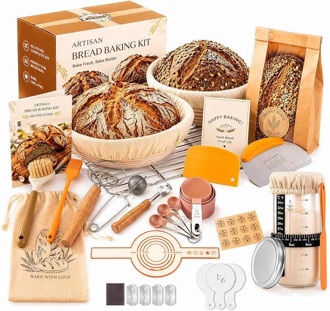 Sourdough Starter Kit, Bread Baking Supplies with Round & Oval Banneton Proofing Baskets, Starter Jar, Bread Sling, Dough Whisk, Scrapers, Stencils, Cooling Rack & Bag