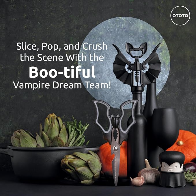 Boo-tiful Crew Bundle of Elizabat, Vino, Gracula - Halloween Kitchen Decor Goth Accessories, Cool Kitchen Gadgets, Bat Scissors, Spooky, Witchy Bottle Opener, Garlic Crusher, Spooky Funny Gifts