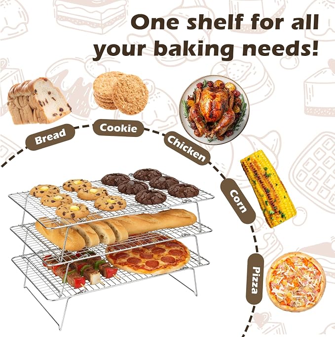 Pleafind 3 Pieces Stackable Cooling Rack - 16 x 10 Inch Wire Rack, 0.43" Dense-Grid Cooling Racks for Cooking, Baking, Roasting, Grilling, Oven and Dishwasher Safe, Silver
