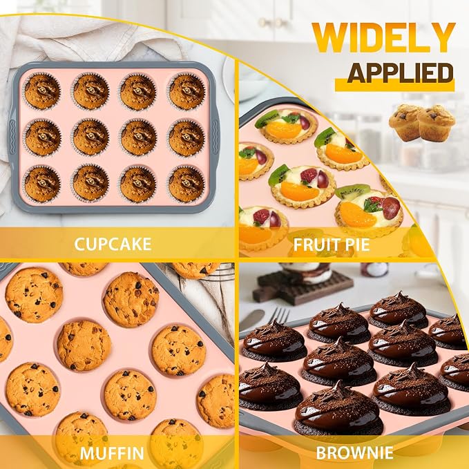 Silicone Muffin Pan, 12 Cups Non-Stick Cupcake Pan, Food-Grade BPA-Free Muffin Tin, Oven-Safe 450 °F, Reinforced Steel Frame, Easy-Grab Handles, Quick-Release 2.3" Baking Molds for Mini Treats