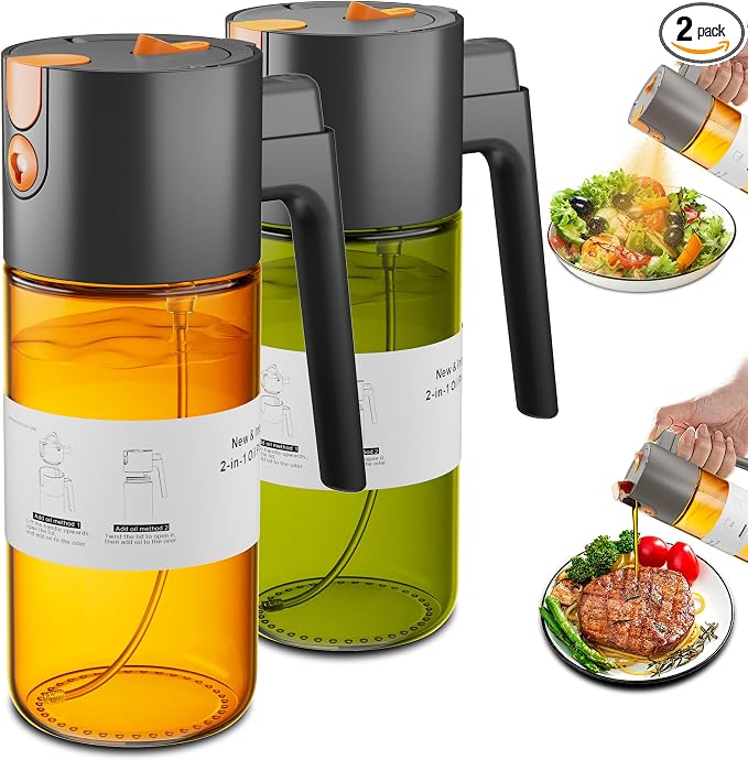 LAKUMIQI 2 in 1 Oil Sprayer for Cooking, 17oz | Light-Blocking Glass Spray Bottle with Stickers, Oil Dispenser for Salad, Air Fryer & BBQ