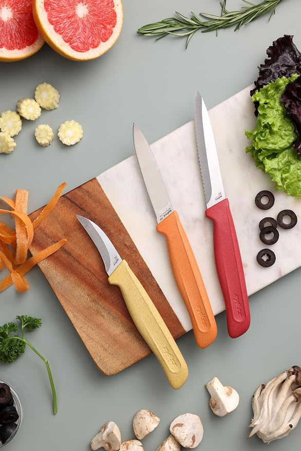 Zyliss Classic 3 Piece Peeling & Paring Knife Set with Straight, Serrated & Curved Blades, Stainless Steel 15° Edge, Ergonomic Wheat Straw Handles, Blade Covers