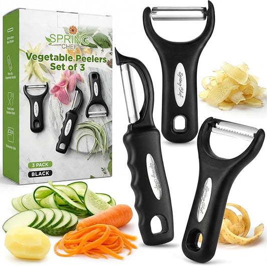 Spring Chef Vegetable Peelers for Kitchen - Stainless Steel Swivel, Y & Julienne Peelers, Potato Peelers with Soft Grip Handles, Kitchen Utensils Set of 3 for Fruits, Veggies, Apples, Carrots