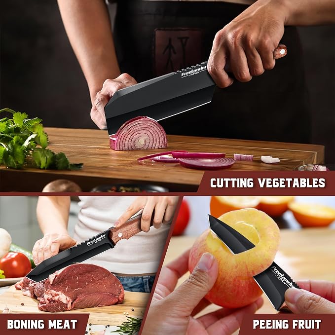 Freelander Butcher Knife Set 3 PCS, Japanese Chef Knife Set with Roll Bag, Full Tang Meat Cleaver for Kitchen & Camping & BBQ, Gift for Men