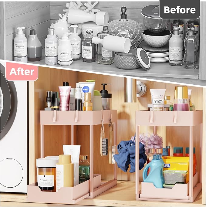 Simple Trending Under Sink Organizer 2 Pack, with Sliding Drawer, Pink | 2-Tier Multi-Use Under Shelf Organizer with Hooks, Sink Pull-Out Sliding Storage Cabinet for Kitchen Bathroom, Easy Assembly