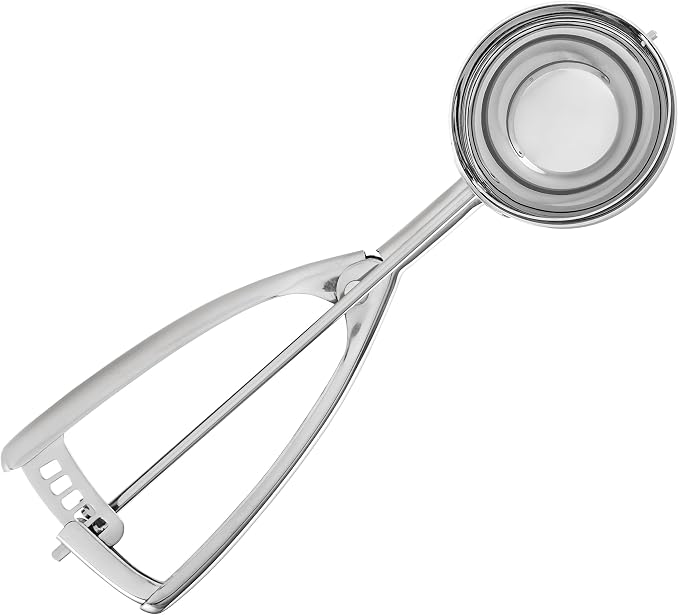 Jenaluca Extra Large Ice Cream Scoop, 18/8 Stainless Steel, 1/3 Cup, #12 | Commercial grade disher for ice cream, pancakes, burgers & food portions. Squeeze handle. Dishwasher safe.