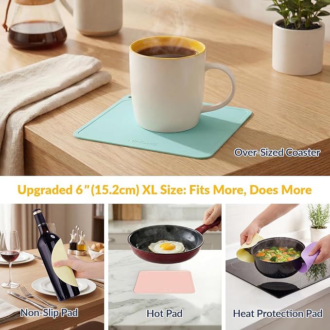 NiHome Jar Opener Gripper Pads, 6in Silicone for Seniors, 4-Pack | Macaron Pastel Colors & Set Options, Palm-Textured with Hang Holes, Square and Round Shapes, Dishwasher Safe Coaster