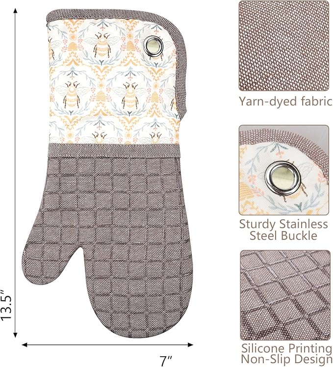 Silicone Printing Oven Mitts Heat Resistant to 500 Degree,Yarm-Dyed Oven Gloves with Animal Design Non-Slip for Kitchen Cooking Barbecue Baking and Machine Washable. (Khaki Oven Mitts)