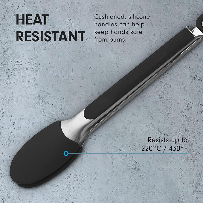 Messermeister Silicone Coated Locking Tongs, 9” - Black - Stainless Steel Rivet & Non-Slip, Silicone Tip & Handle - Heat Resistant Up to 430 Degrees Fahrenheit - Dishwasher Safe