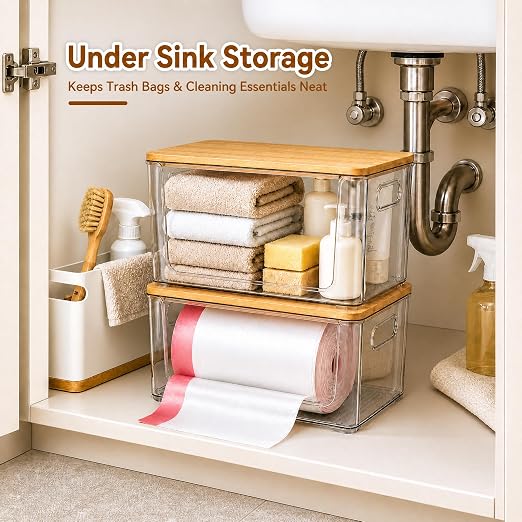 Trash Bag Holder 2 Pack, Stackable Garbage Bag Dispenser with Bamboo Lid, Extra Large Trashbag Dispenser for 13/30/33 Gallon Bags, Clear Organizer for Under Sink Kitchen Laundry Room
