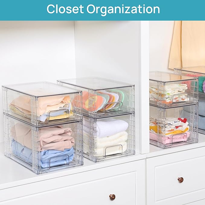 Vtopmart 4 Pack Large Stackable Storage Drawers, Clear | Easily Assemble Bathroom Closet Undersink Organizers and Storage Kitchen Cabinets,Pantry,Makeup,Medicine Organization