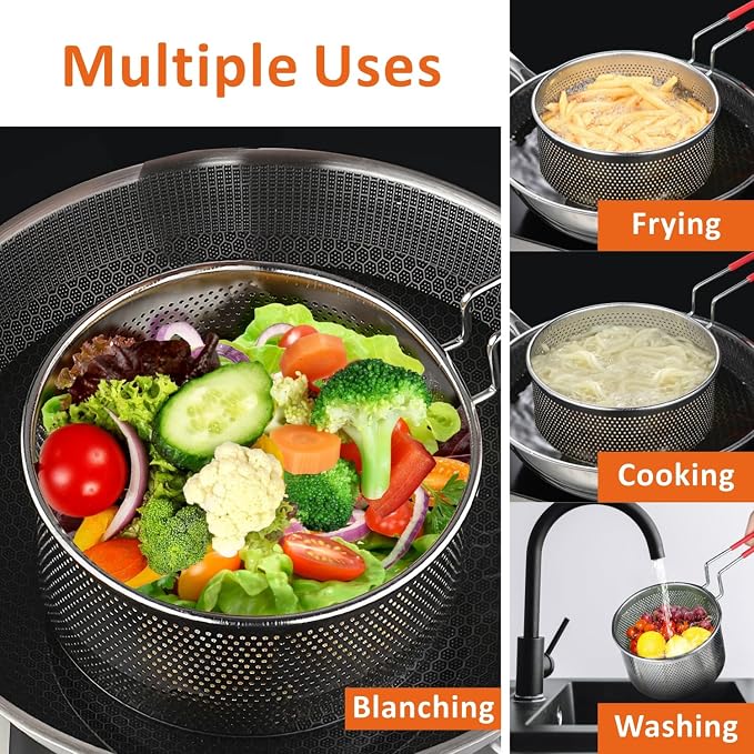 Deep Fryer Basket, 7.8''x4'' Fry Only, Round Stainless Steel Frying Baskets with Heat Resistant Silicone Handle, for Kitchen Cooking Strainer Colander, Serving Food, Ideal for Gift, 3-Quart
