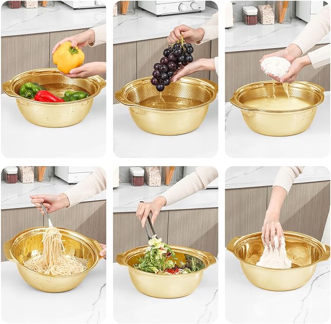 Paoli 304 Stainless Steel Fine Mesh Colander Set, 3.5QT Large Capacity Strainer with Mixing Bowl — Rinse Fruits, Veggies, Rice & Drain Pasta, Dishwasher Safe (2-Piece Gold)