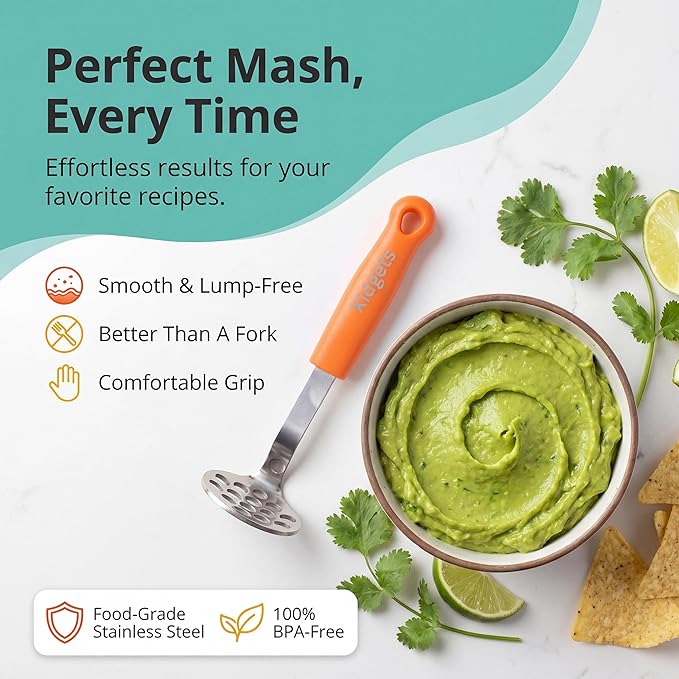 Mini Avocado Masher, Heavy Duty, Kitchen Utensil. Stainless Steel, Tiny Masher, Compact Mini Masher for Avocado - Effortless Guacamole Preparation, Dishwasher Safe (Orange)