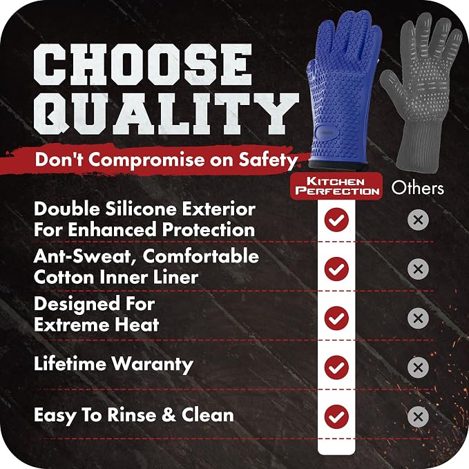 KITCHEN PERFECTION S Silicone Smoker Oven Gloves -Extreme Heat Resistant BBQ Gloves -Handle Hot Food Right on Your Grill Fryer Pit|Waterproof Oven Mitts |Superior Value Set+3 Bonuses