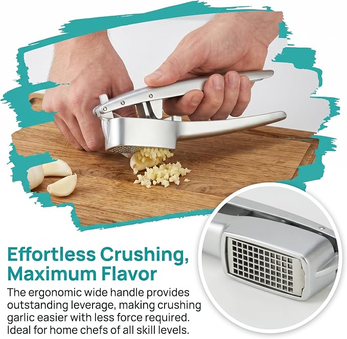 Stainless Steel Garlic Press Rocker - Professional Grade 304 Garlic Crusher & Mincer with Silicone Peeler and Cleaning Brush, Ergonomic Wide Handle, Dishwasher Safe Kitchen Gadget