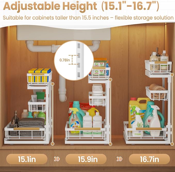 Under Sink Organizer and Storage for Bathroom and Kitchen - 1 Pack 3 Tier | Cabinet Pull Out Shelf Organizers - Slide Out Drawer Organization for Home Cabinets Shelves and Drawers