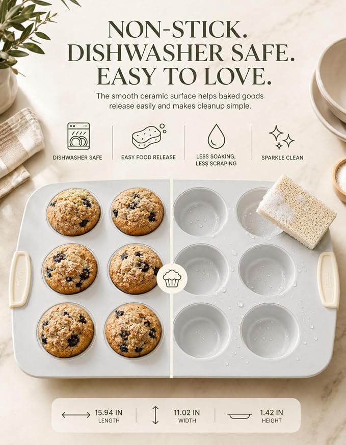 Nonstick Ceramic 12-Cup Muffin Pan, 15 x 10 Inch | Non-Toxic Coating; Rust & Dent Resistant Steel; KFCC Coating; Oven Safe to 550°F
