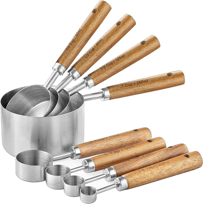 Measuring Cups and Spoons Set, Stainless Steel Metal measuring Cups with Wooden Handles, Great for Dry and Liquid Ingredients, Engraved Metric Markings, Nesting Design for Baking