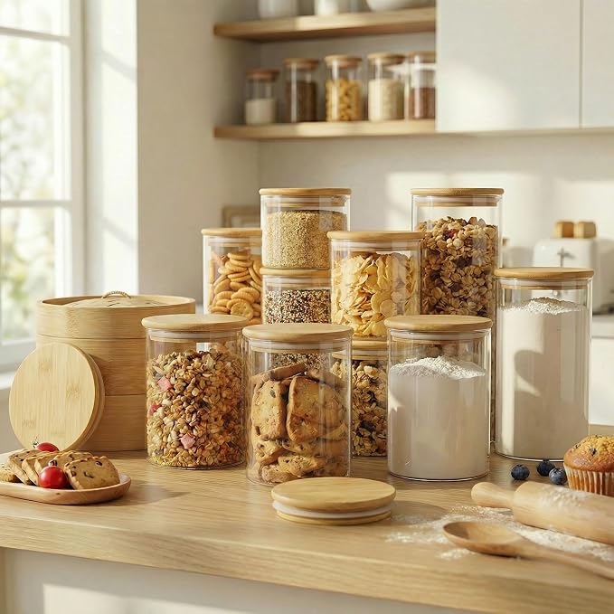 53 oz Round Glass Food Storage Containers with Airtight Bamboo Lids, 4 Pack | Pantry Jars for Pasta, Rice, Sugar & Flour, Durable Borosilicate Glass Canisters Keep Food Dry & Fresh, Easy to Fill & Clean