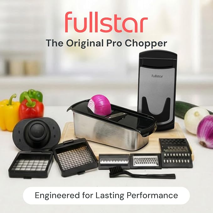Fullstar Pro Original Vegetable Chopper & Mandoline - Chopper & Mandoline Lids - Food Chopper with Container, Fruit Slicer, Onion Dicer - All-in-One Prep Tool - Kitchen Gadgets & Gifts (8 in 1, Steel)