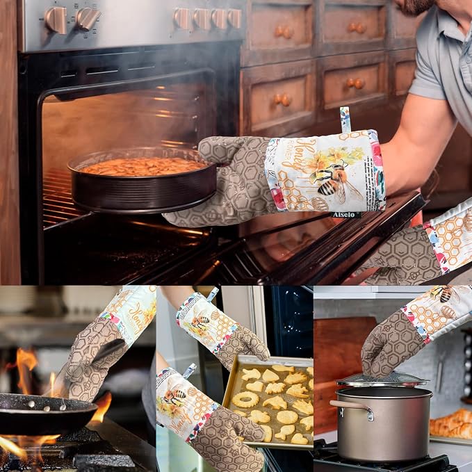 Alselo Oven Mitts, Heat Resistant with Soft Quilted Cotton Lining Set of 2, Fashion Bee Design with Silicone Printing Anti-Slip Kitchen Gloves for Safe Backing Cooking Barbecue (Khaki, Bee)