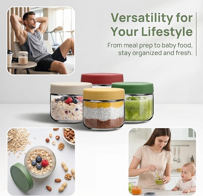 10 oz Small Glass Containers with Lids, Food Storage Jars, 6pk | Perfect for Chia Pudding Jam Snacks Yogurt Overnight Oats Candy ,Dishwasher safe,Airtight