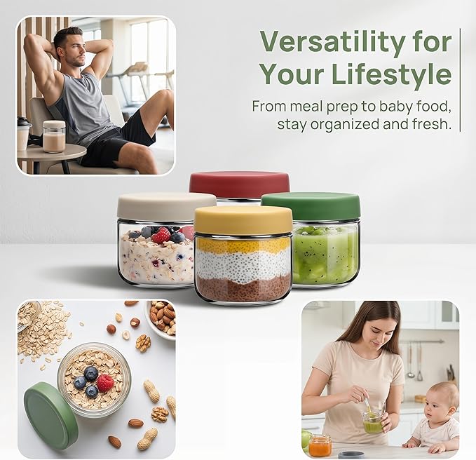 8 oz Small Glass Containers with Lids, Food Storage Jars, 6pk | Perfect for Chia Pudding Jam Snacks Yogurt Overnight Oats Candy ,Dishwasher safe,Airtight