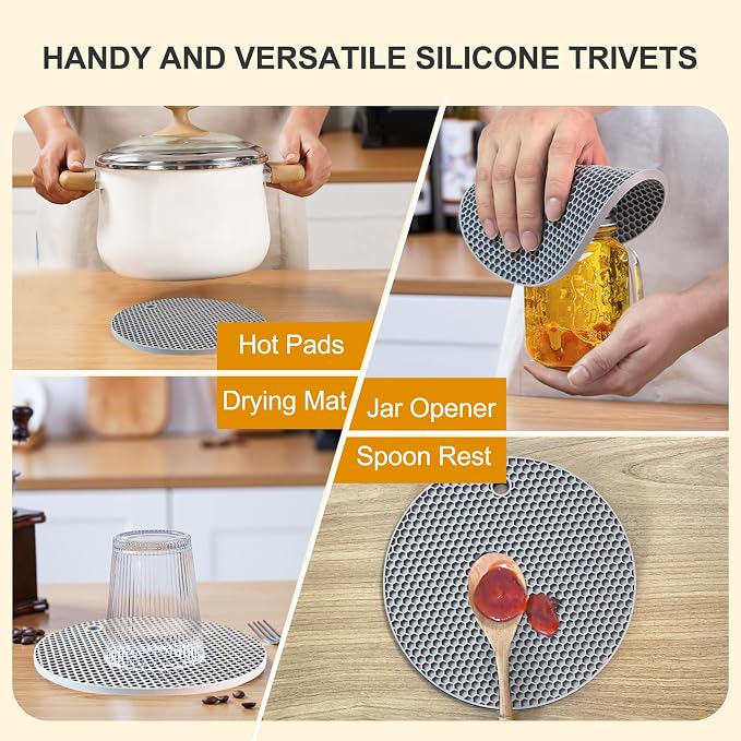 4 PCS Heat Resistant Silicone Trivet Mat for Hot Dishes, Hot Pots and Pans | Multipurpose Non-Slip Hot Pads Pot Holders for Kitchen Countertops Table, Spoon Rest, Food Grade Silicone & BPA Free, Grey