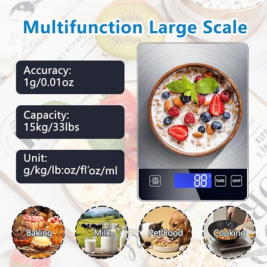 Food Kitchen Scale, Digital Food Scale 33lb Digital Kitchen Scale Precisely Measures Grams and Ounces for Meal Prep Baking and Cooking, Rechargeable 304 Stainless Steel Kitchen Scale LCD Display
