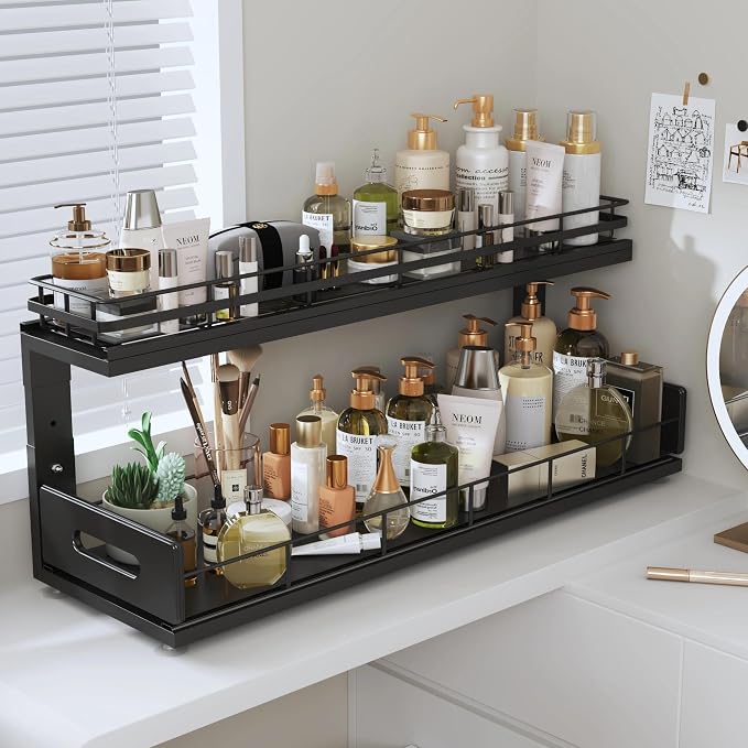 Under Sink Organizer Upgrade To Professional Rails,2-Tier Dual Pull Out Cabinet Storage,Height Adjustable Slide Out Drawers For Bathroom Kitchen,1 Pack-21"Dx12.8"-16.9"H,Black