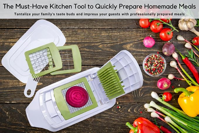 Brieftons QuickPush Food Chopper: 8-Cup Push-Down Onion & Vegetable Dicer, 3 German Steel Blades, BPA-Free Container with Keep-Fresh Lid and Cleaning Comb - Manual, Dishwasher Safe