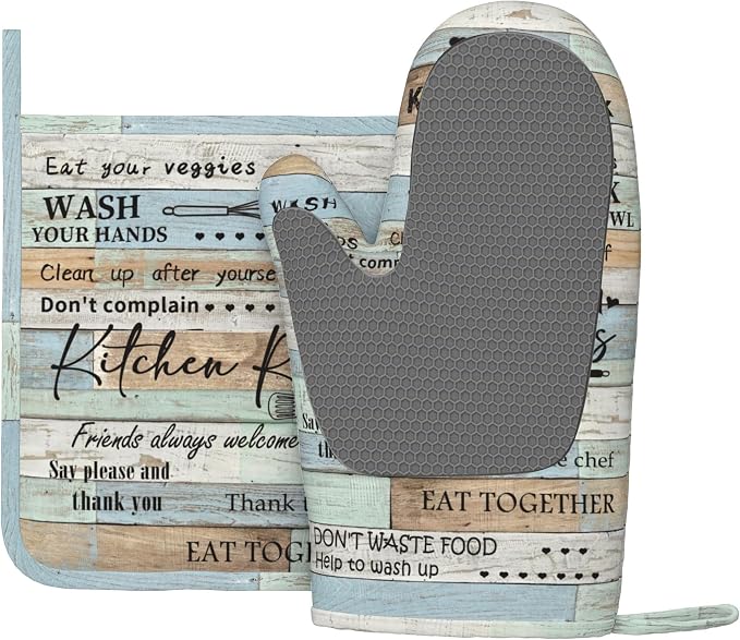Farmhouse Oven Mitts and Pot Holders Kitchen Oven Mitts Heat Resistant Kitchen Gloves Cotton Lining Waterproof Pot Holders 4 Piece Set for Cooking Baking Grilling