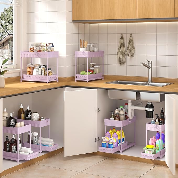 3 Pack Under Sink Organizers, 2-Tier Multi-Use Kitchen and Bathroom Organizers and Storage with Sliding Drawers, Bathroom Cabinet Organizer (Pink, 14.8 Inch) | Multi-use kitchen & bathroom storage, 14.8 inch pink cabinet organizer, space-saving sliding...